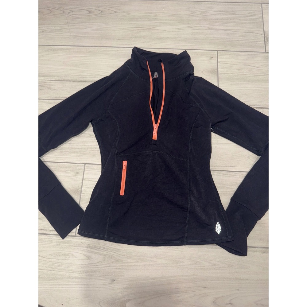 Free People FP Movement Womens Quarter Zip Athletic Pullover Black Orange M